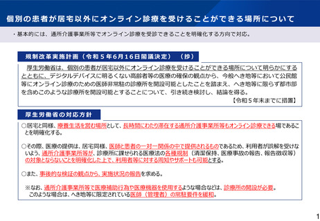［医療改革］ オンライン診療可能な「居宅等」の基準、明確化の方針示す