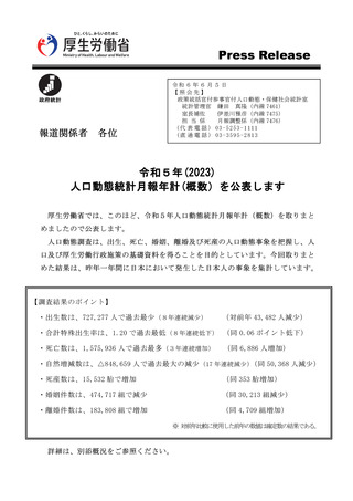 ［人口］ 出生数8年連続減少、約72.7万人で過去最少　23年人口動態統計
