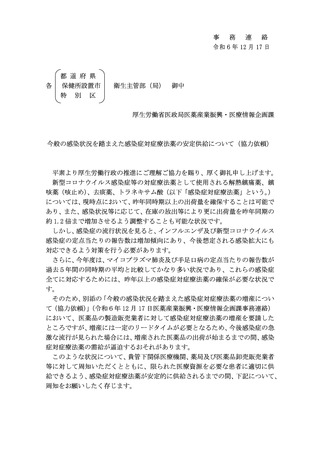 ［感染症］ コロナやインフルの対症療法薬、過剰な発注抑制を　厚労省
