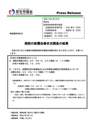 ［医療提供体制］ 病院の耐震化率、政府目標80％を達成　厚労省