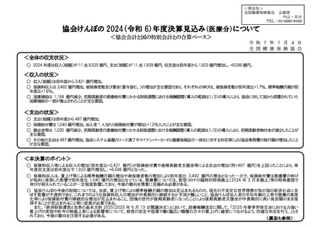 ［医療提供体制］ 協会けんぽ、黒字額最高の6,586億円　24年度決算見込み