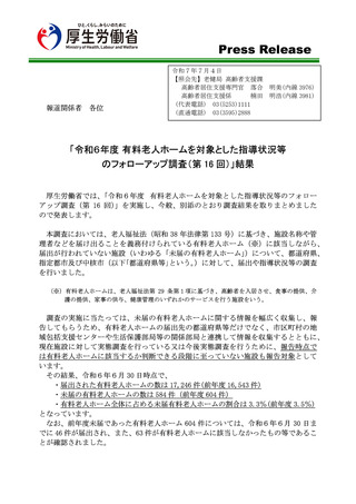 ［介護］ 有料老人ホームの3.3％が未届け、24年度調査　厚労省