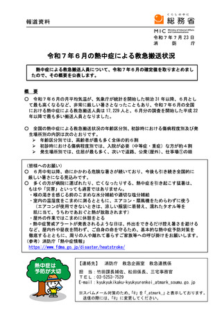 ［救急医療］ 25年6月の熱中症による救急搬送者数は1万7,229人　消防庁