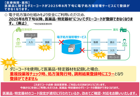 ［医薬品］ 電子処方箋の医薬品ダミーコード、8月下旬から登録不可に