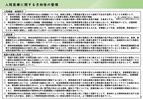 ［医療提供体制］ 精神疾患の医療提供体制、施策推進の方向性を整理