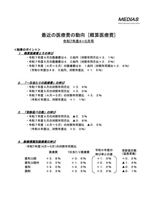 ［医療費］ 25年度4－5月の概算医療費、前年比2.6％増　厚労省