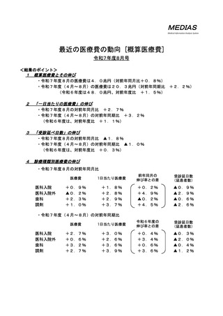 ［医療費］ 25年度4－8月の概算医療費、前年比2.2％増　厚労省