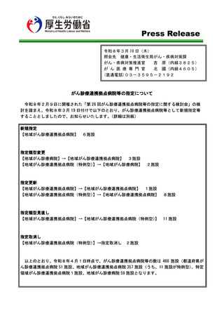 ［医療提供体制］ 地域がん診療連携拠点病院、新規に6施設を指定　厚労省