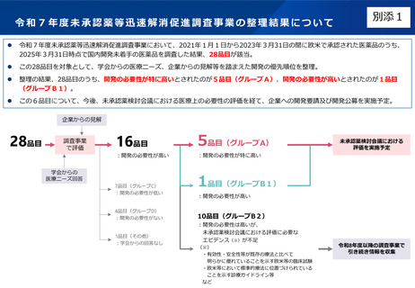 ［医療改革］ ドラッグ・ロス解消へ、開発の優先順位を整理　厚労省