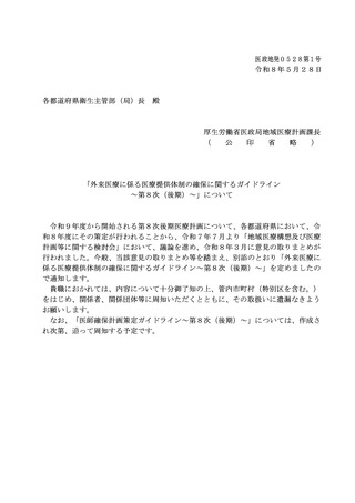 ［医療提供体制］ 第8次後期外来医療計画作成のGLを公表　厚労省