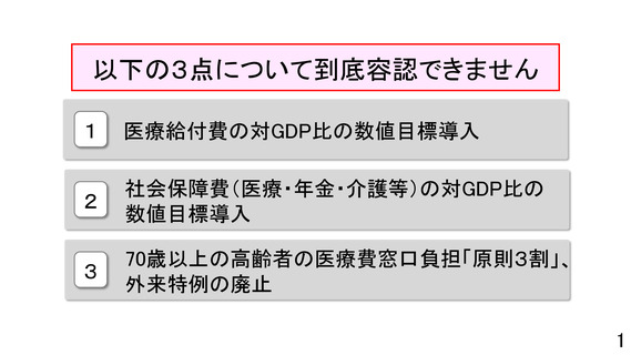 ［医療改革］ 骨太方針、医療給付費の対GDP比数値目標導入「容認できない」